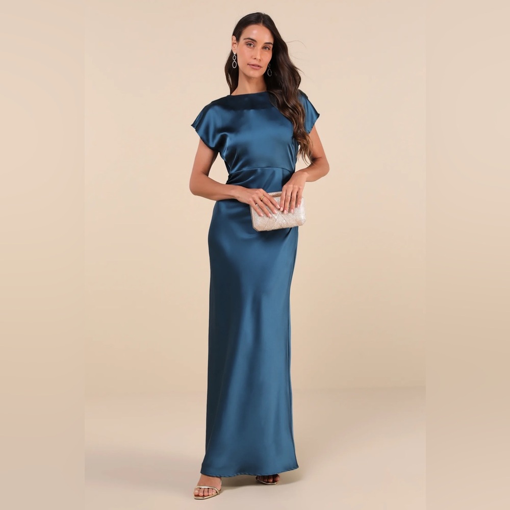 Lulus - Captivating Presence Dark Teal Satin Cowl Back Maxi Dress - Large